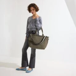 Rothy's The Lightweight Zip Tote - Safari Green -Rothy's Shoes Store 001 Flat SkyBasketweave On Figure 1522