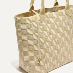 Rothy's The Lightweight Tote - Checker Sand -Rothy's Shoes Store 086 LightweightTote CheckerSand Front Strap 4990