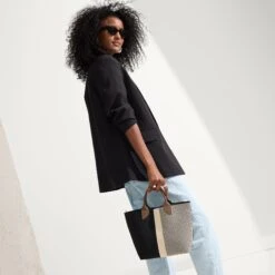 Rothy's The Lightweight Petite Tote - Black Portobello Stripe -Rothy's Shoes Store 141 PetiteLightweightTote BlackPortobelloStripe On Figure 0839