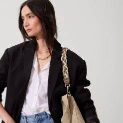 Rothy's The Shoulder Strap - Cream And Cocoa Braid -Rothy's Shoes Store 166 TopHandleBraided CreamandCocoawithCrescentBag OnFigure 4390