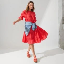 Rothy's The Lightweight Wedge Sandal - Red Hot Woven -Rothy's Shoes Store 203 LightweightWedgeSandal RedHotWoven OnFigure 0080