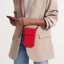 Rothy's The Phone Crossbody - Red Crisp Basketweave -Rothy's Shoes Store 232 MaxSquareMaryJane DustyLilacBasketweave On Figure 0217