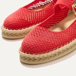 Rothy's The Espadrille Mary Jane - Red Hot -Rothy's Shoes Store 290 EspadrilleMJ RedHot Toedetail Macro 3445