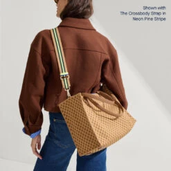 Rothy's The Classic Tote - Hazelnut -Rothy's Shoes Store BasketweaveClassicTote Hazelnut CrossbodyStrap NeonPineStripe